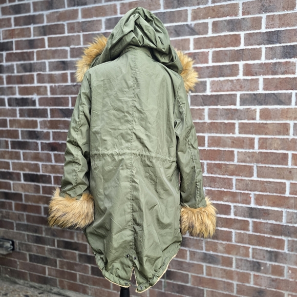 Olive Green Faux Fur Trim Parka Coat - Picture 9 of 15